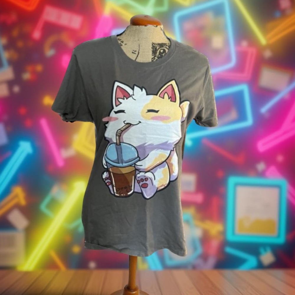 Graphic Tree , Cat T-shirt ,Anime Cat Boba Bubble Kawaii Neko T-Shirt Size L NWT